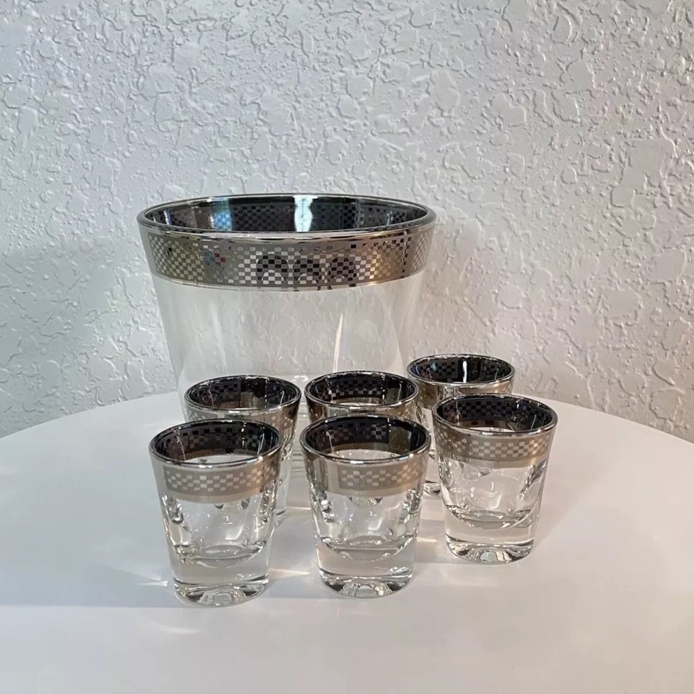 Mid Century Modern Lusterware Checker Board Trim Ice Bucket w/Shot Glass 7pc Set